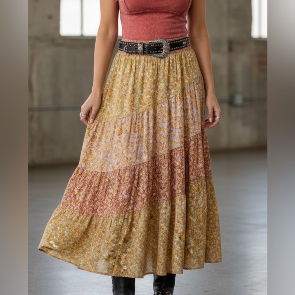 NWT Angie Clothing Boho Floral Print Mixed Media Maxi Skirt - Picture 13 of 14